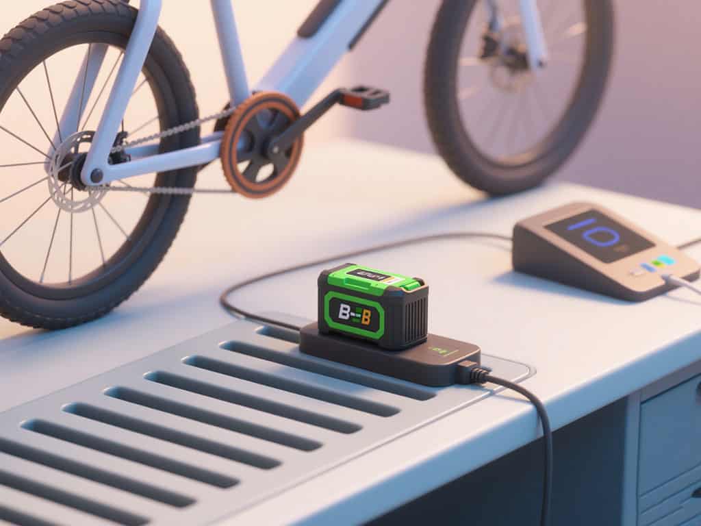 E-bike battery charging on a ventilated desk surface